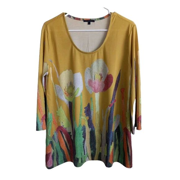Lily London Women Large Garden Floral Pullover Stretch Blouse 3/4 Sleeve Yellow - Picture 2 of 13